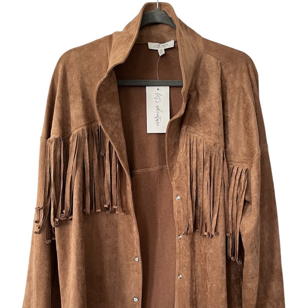 NWT 12th Tribe Suede Fringe Leather Blazer Jacket, brown, size M